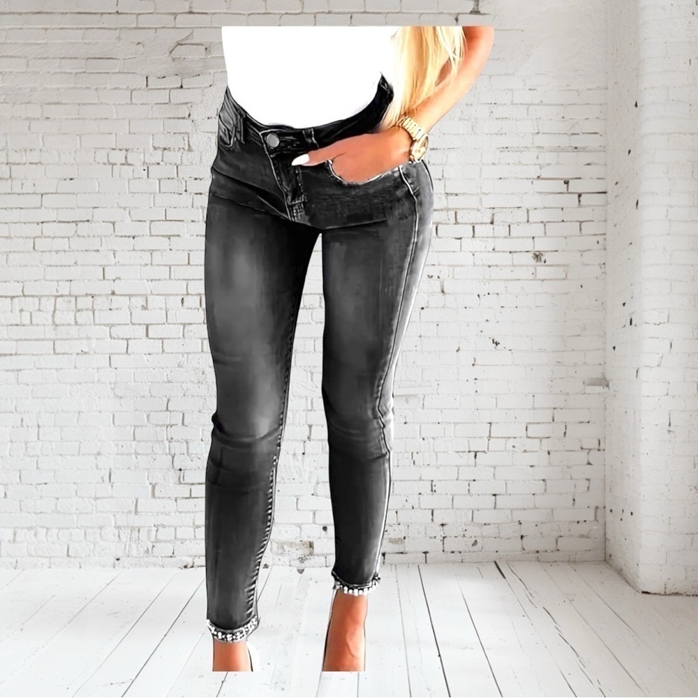 Designer Black skinny high waist Jeans cuff embellishments~Stretch 8-10 - Picture 3 of 5